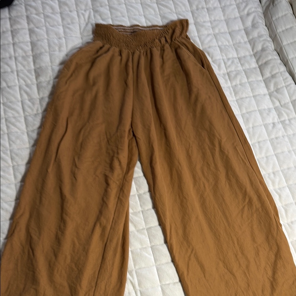 Wide Leg Smocked Waist Pants - Camel